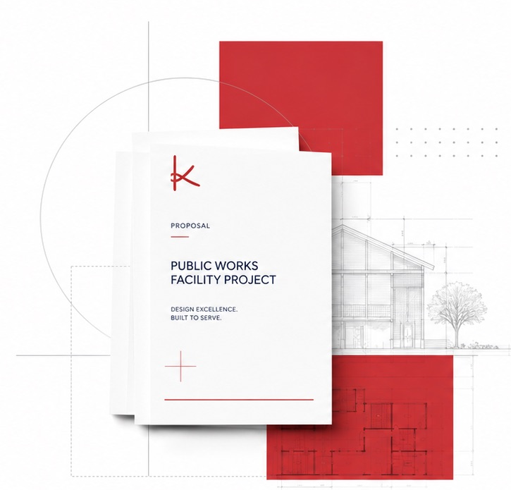 Knit proposal sheet layered over architectural linework and red construction blocks.